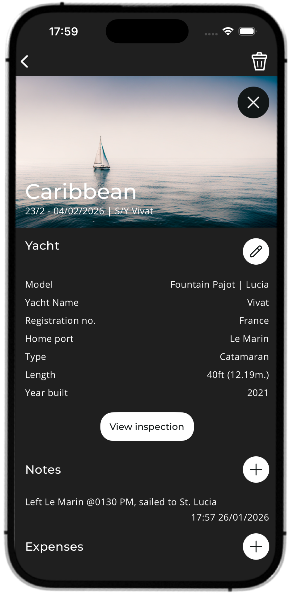 Yacht details screen mockup