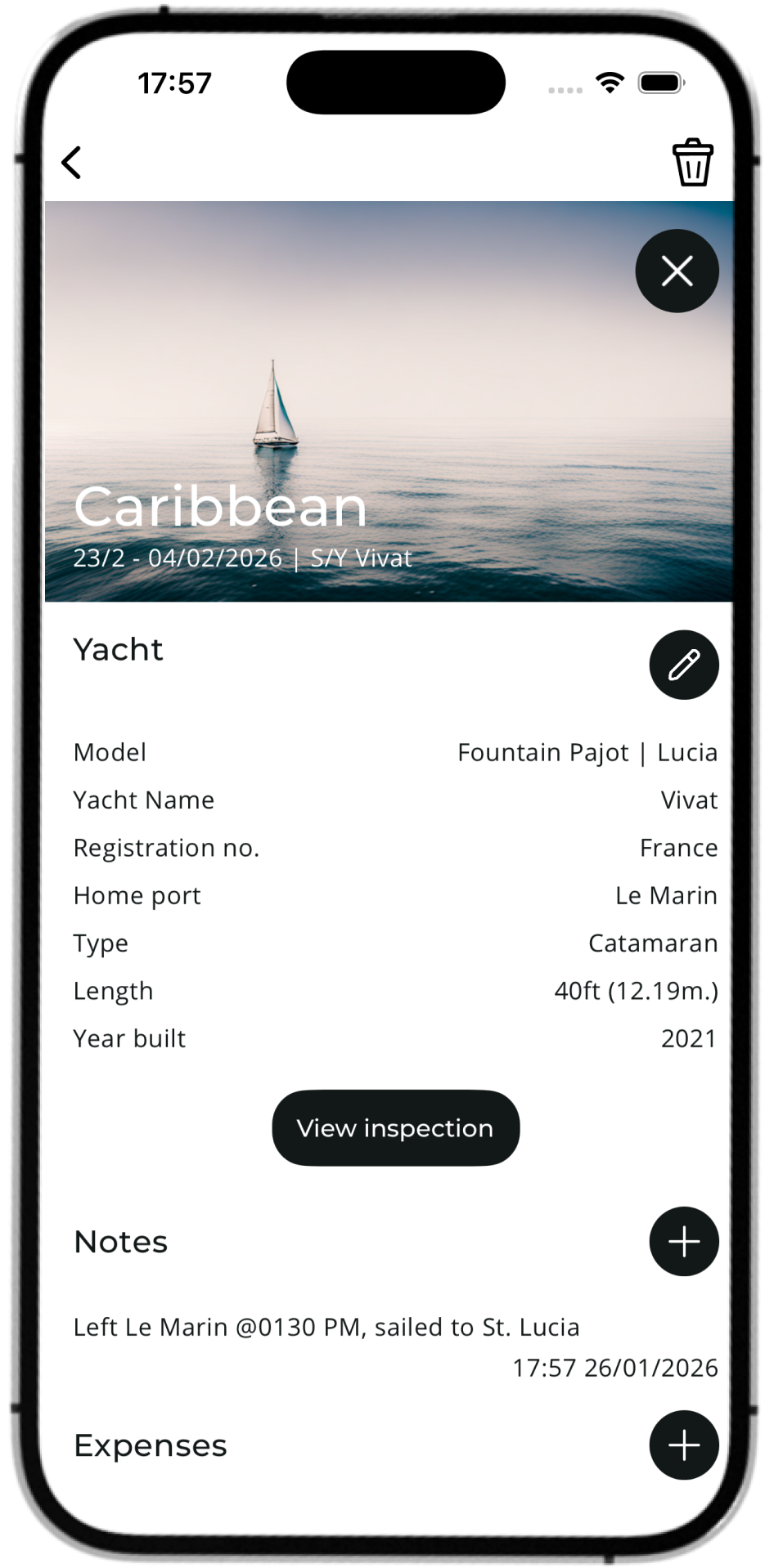 Yacht details screen mockup