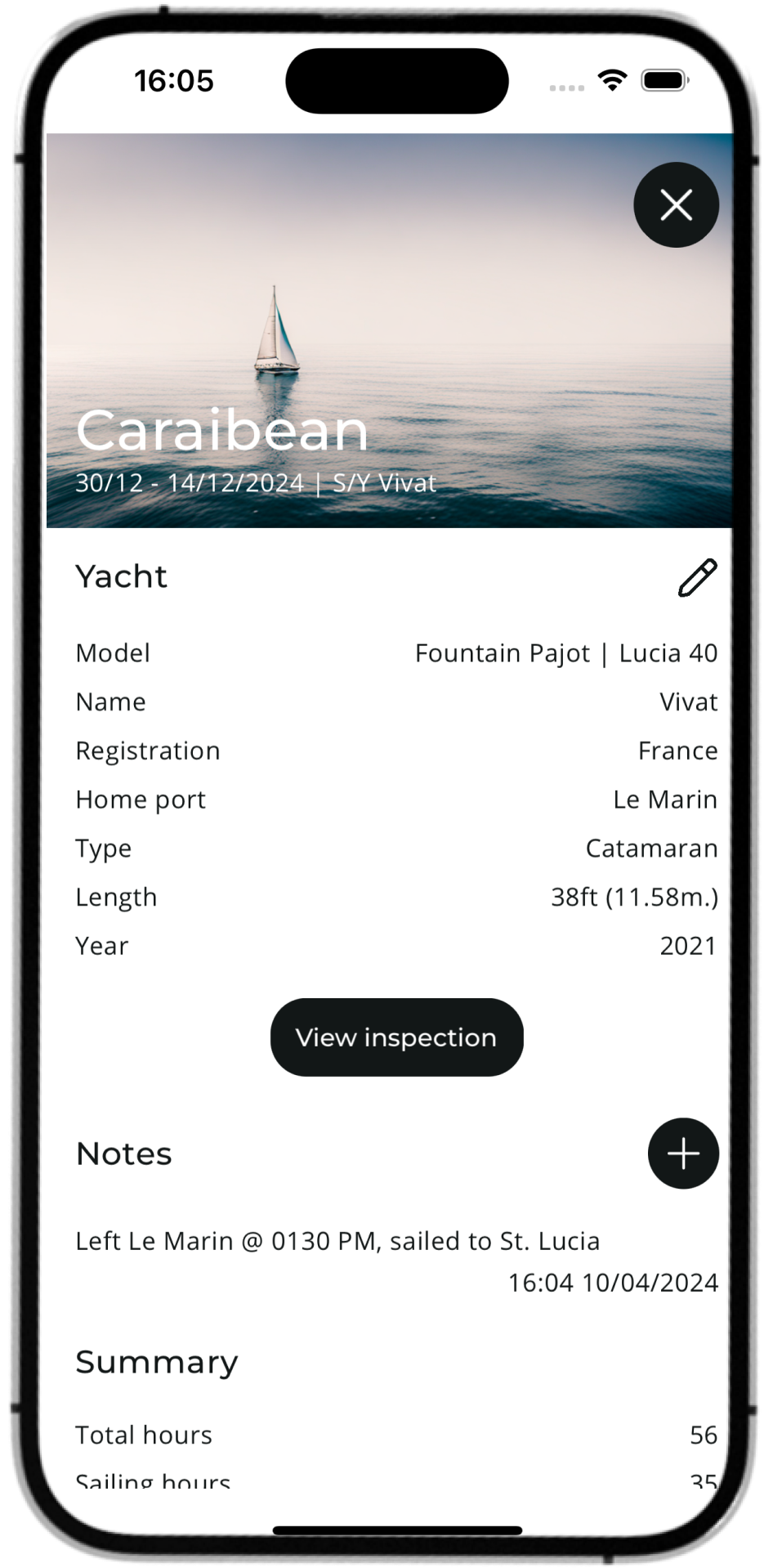 Yacht details screen mockup